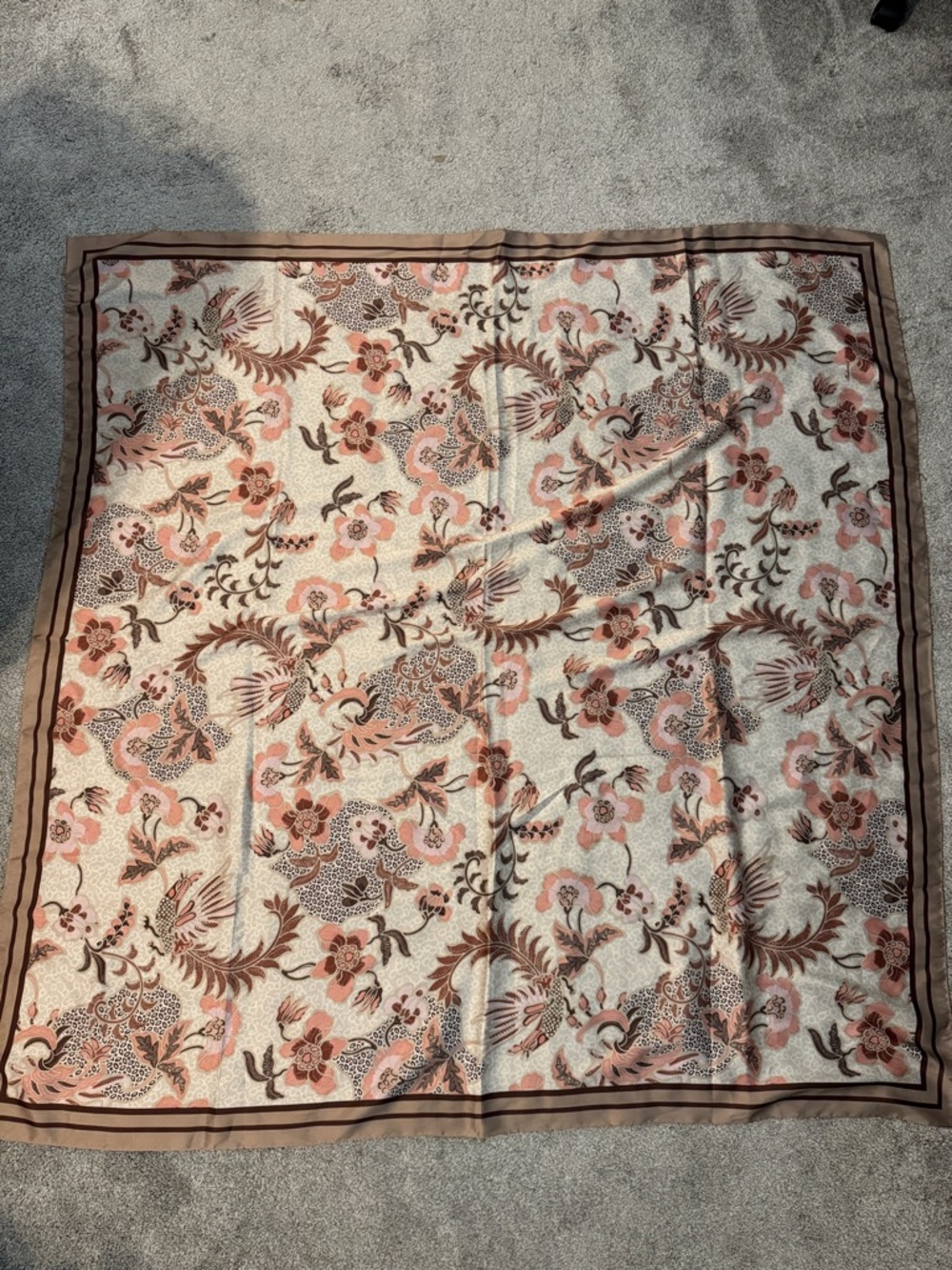 Floral Print Square Scarf in Cream and Brown
